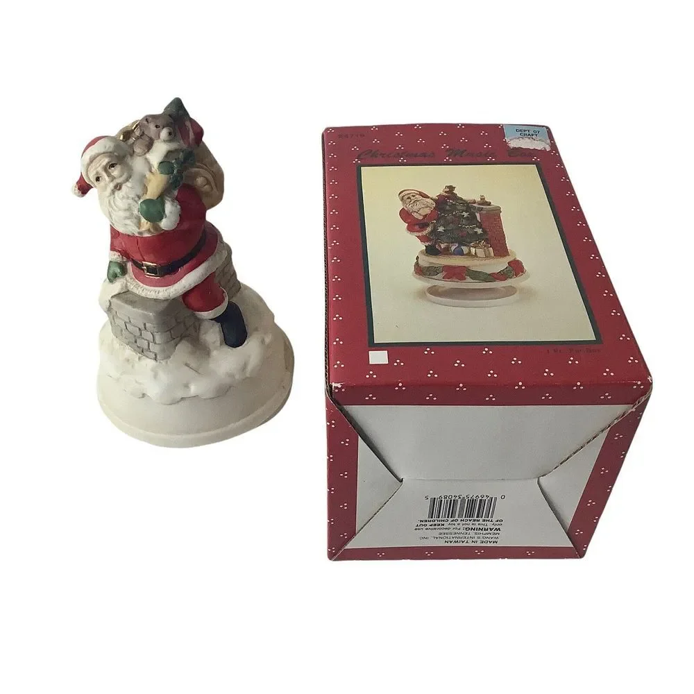 Vintage‎ Christmas Music Box Santa Claus Round Chimney X4719 Red White Gifts
